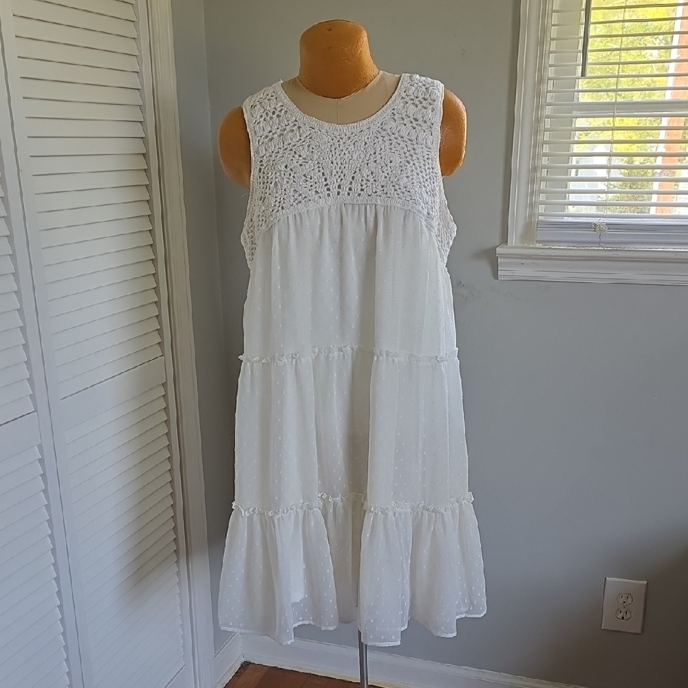 Vintage Wrangler White Crochet Lace Boho Flowy Sleeveless Midi Dress XL